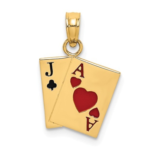 14K Yellow Gold Black Enamel Jack Of Clubs Red Ace Of Hearts Cards Charm Pendant - Picture 4 of 4